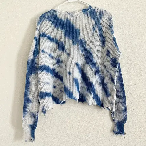 No Comment Cropped Blue White Tie Dye V-Neck Distressed Pullover Sweater Small