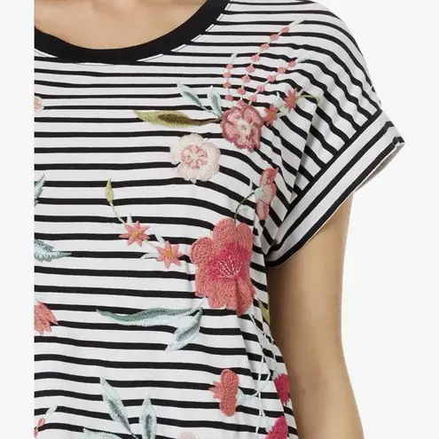 Johnny Was Joya Relaxed Fit Drape Striped Embroidered Floral Boho Cotton Tee XS