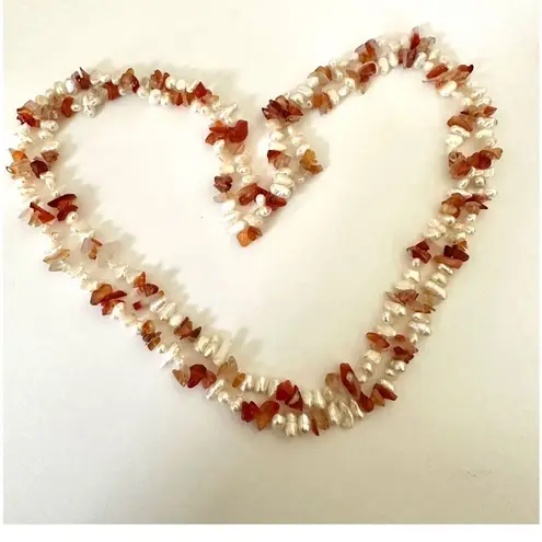 Freshwater pearl and carnelian chip long necklace