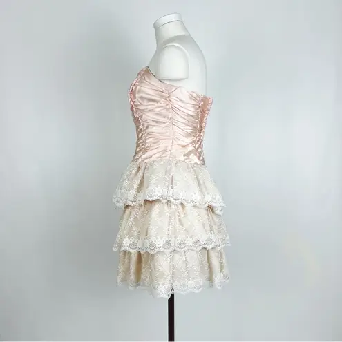 Vintage 90’s Strapless Satin Corset Mini Dress with Lace Ruffle Skirt | Size XS Pink