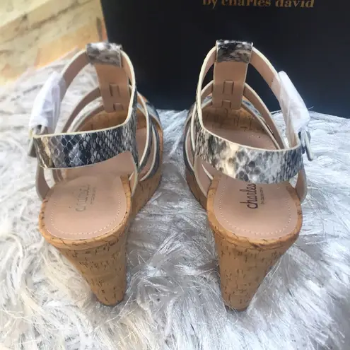 Charles David New Charles by Women’s Snake Print Embossed Cork Wedge Sandals