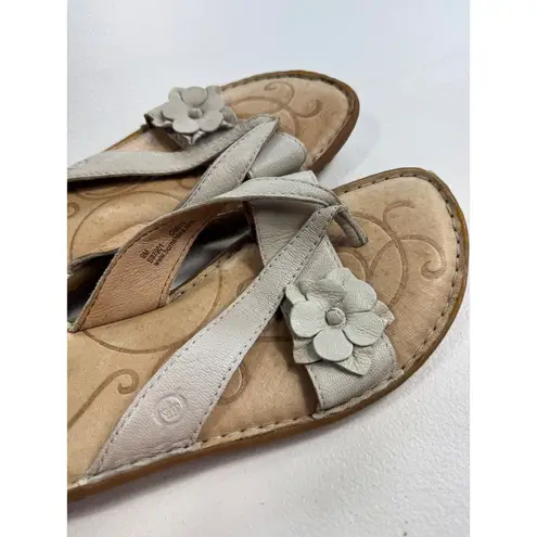 Born Women's Leather Flower Thong Sandals Slides Beige Size 9M Casual Comfort Tan