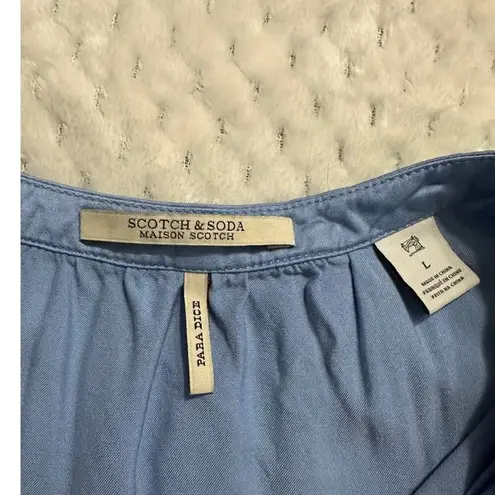 Scotch & Soda Para Dice Blouse Women's Large Blue Satin Short Sleeve Cross Front