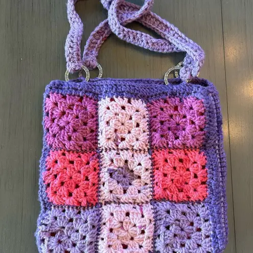 Crochet Bag Purse Knitted Tote Handbag LIned Purple