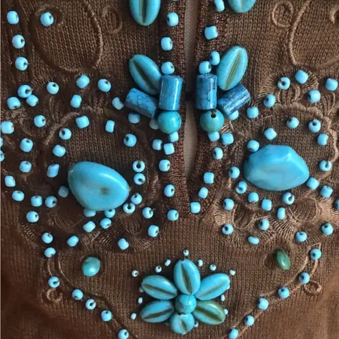 Vintage Boho Votre Nom Brown Top with Turquoise Beading, Excellent Condition Size L
