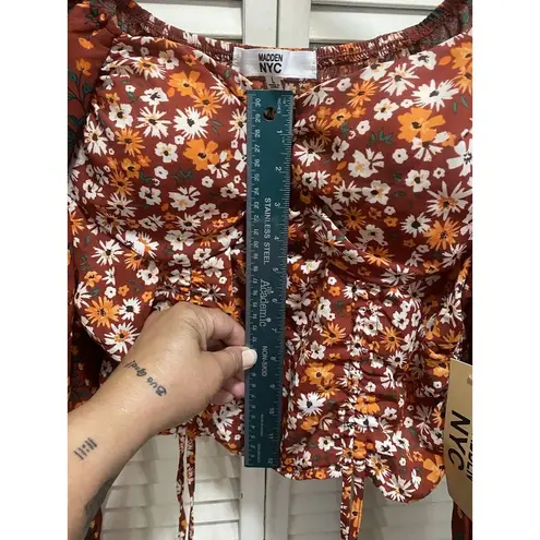 Madden NYC Floral Crop Top Long Chiffon Type Sleeves Ruched Smocked Tie Size L Orange