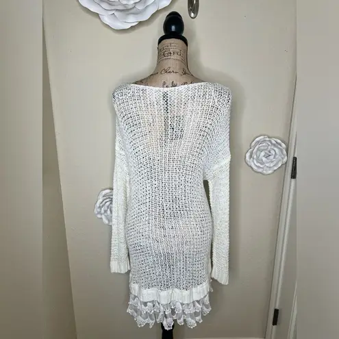 Entro NTM: Open Weave Knit Crochet Layered Lace Cream Tunic Sweater Sz M