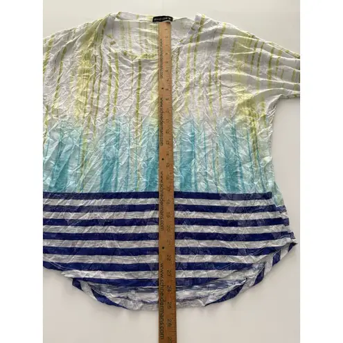 David Cline Top Size M Blue Green White Stripe Print Crinkle Semi Sheer Size M