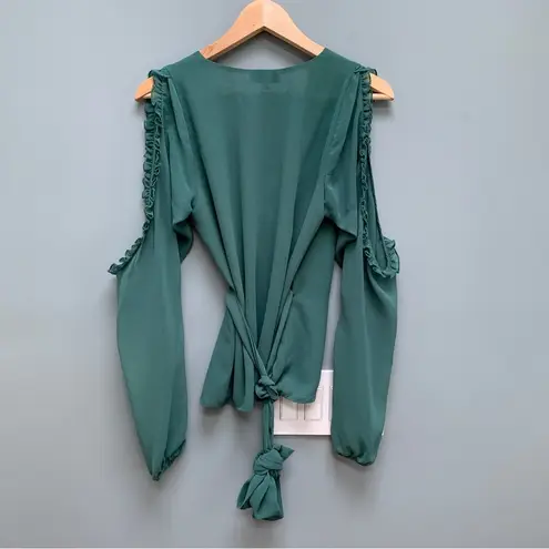 Majorelle  Katya Wrap Blouse in Jade Green Long Sleeve Peekaboo Arms Small