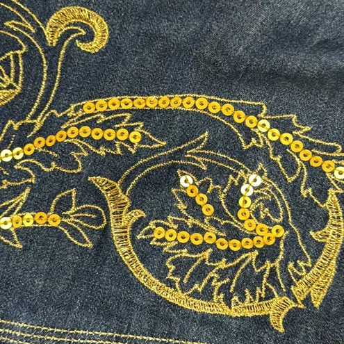 Susan Graver Susan GraverButton Up  Denim Shirt Collar Blue Gold Embroidered Sequined shimmer