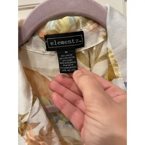 Elementz Sheer Floral Blouse 3/4 Sleeve Button Down Shirt Top Cream Size M