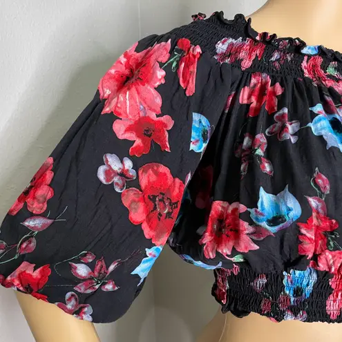 Peachy Girl Floral Black Pink Blue Red Ruffled Off Shoulder Croptop Size Large