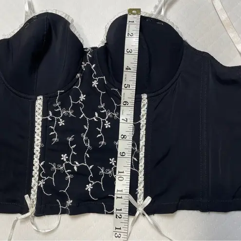 Black Bustier Top with White Embroidery size 36C Black