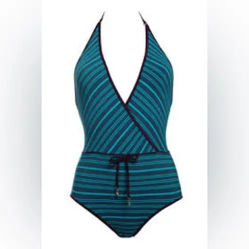 Marc by Marc Jacobs Marc Jacobs Tara Halter One Piece Swimsuit M Medium Blue Striped Plunge Belt Tie