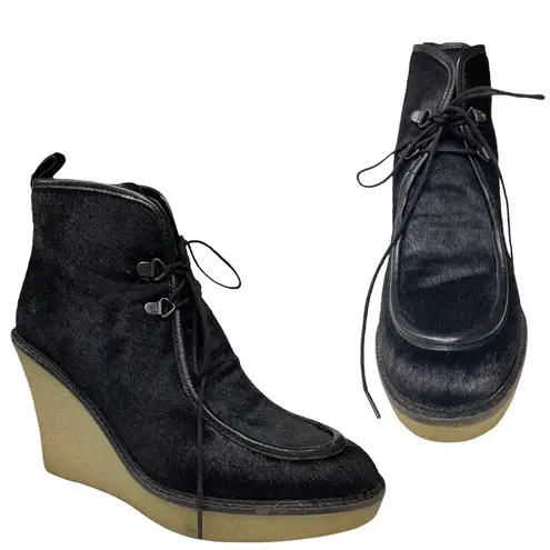 3.1 Phillip Lim  Lace Up Fur Wedge Ankle Boots Black Size 37.5