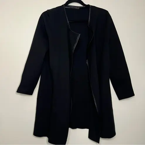 J. McLaughlin Black Open Front Cardigan Faux Leather Trim Sweater Coat M