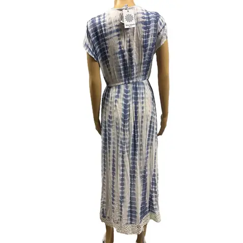 Blue Island Blue White Crochet Lace Trim Slit Short Sleeve Swim Coverup Size XS