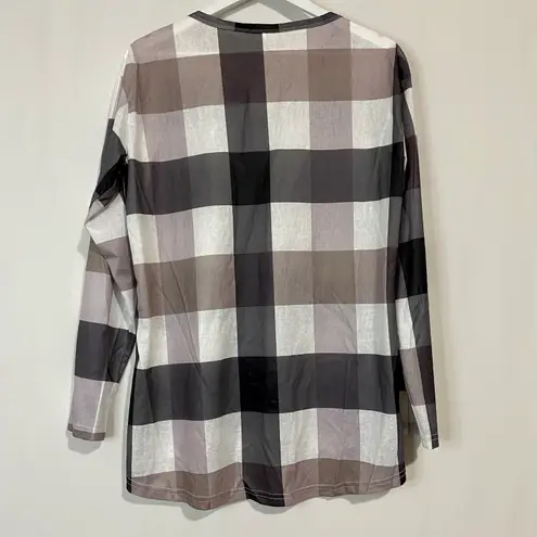 Suvimuga Women’s Long Sleeve V Neck Plaid Print Tee Shirt Grey & White NWT