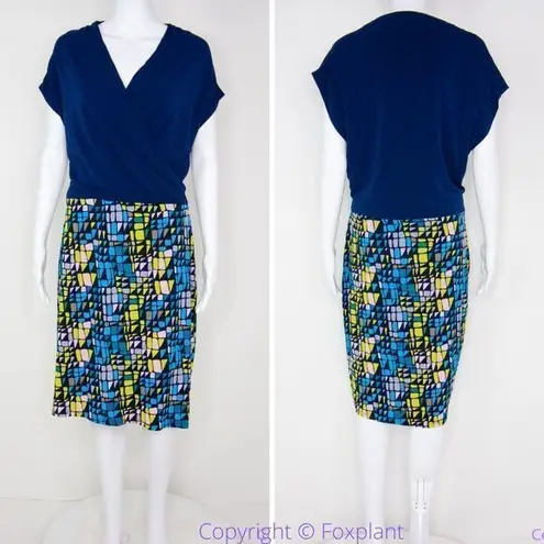 Leota NEW USA-made blue yellow dolman sleeve wrap dress, size 1L