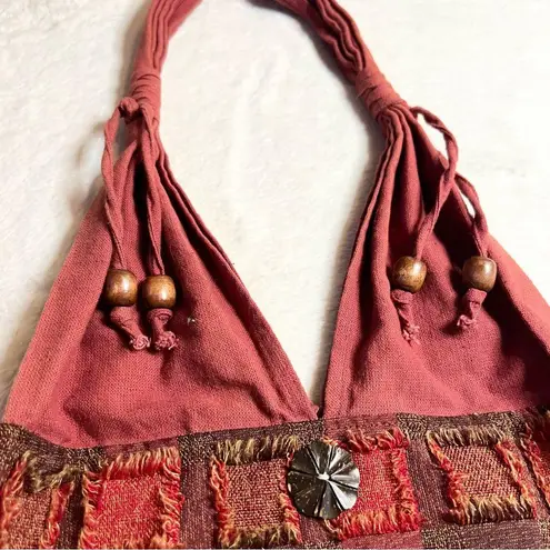 Bohemian Red & Brown Patchwork Shoulder Bag w/ Silver Elephant & Beaded Tassels