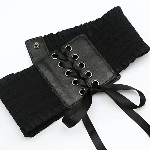 Elegant Lace Up Wide Belt Black Ruffles Bowknot Elastic Waistband Faux Leather