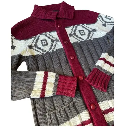 Vintage Retro Sigallo Knit Cardigan big collar, Gray, Maroon & Cream size medium Gray