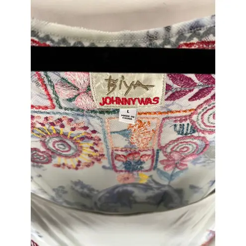 Johnny Was Logan Embroidered Mesh Tiered Maxi Dress Boho Floral Blue Large