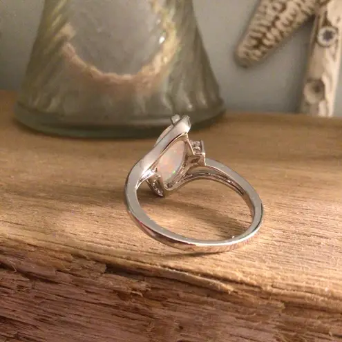 White Gold Plated Brass Created Fire Opal with cubic zirconia sz 7 Silver