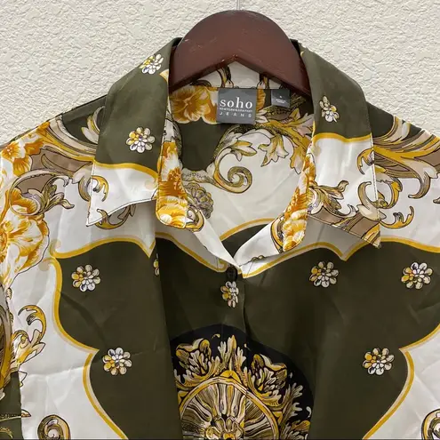 Soho NYC Green/Gold Scarf Print Front Tie Blouse S