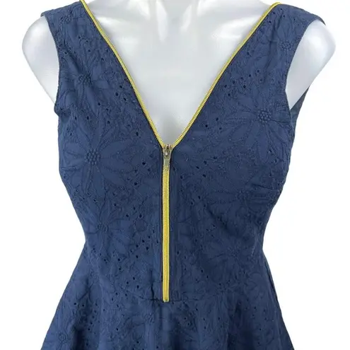 Ark & Co. Navy Blue Yellow Zip Up Floral Embroidered Pleated Mini A Line Dress S