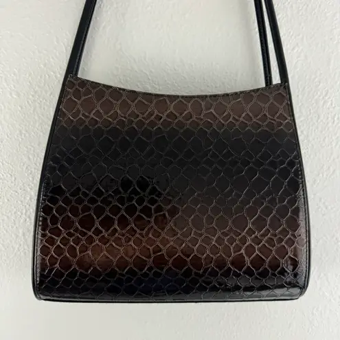 Vintage 90s Black Dark Brown Shiny Faux Leather Croc Embossed Shoulder Bag