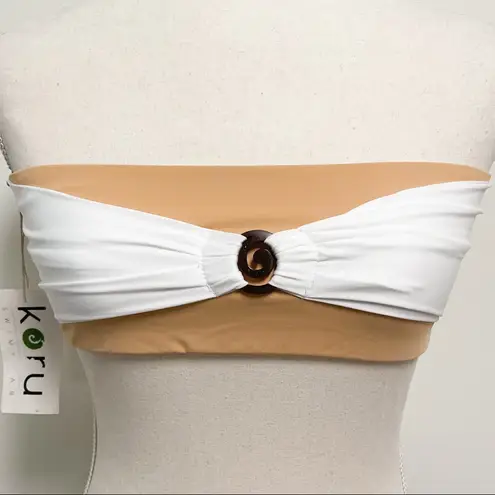 Koru Swimwear Tan Nude White Bandeau Bikini Top NWT Medium No Padding Swirl Bow