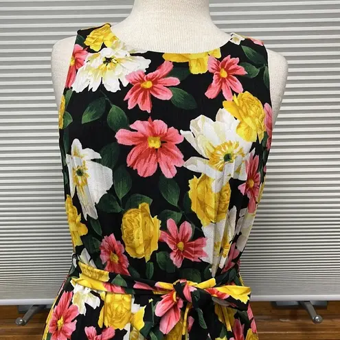 T Tahari Black Floral Print Sleeveless Pleated Belted Midi Dress Size Medium
