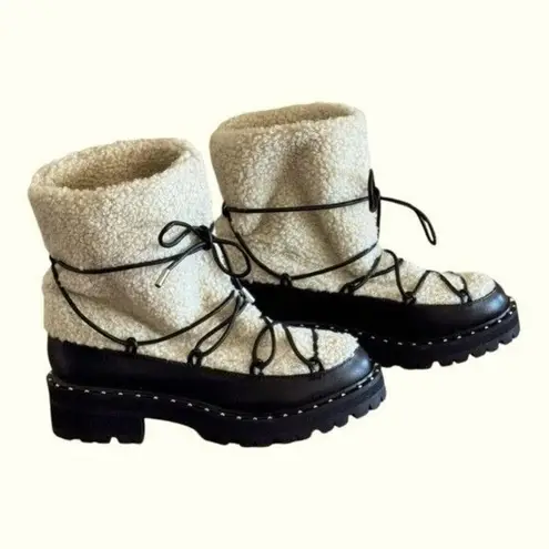 AQUA Fuzz Women’s Leather Lug Sole Sherpa Lace Up Winter Boot Black Size 6.5