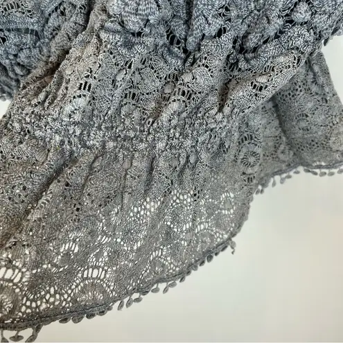 Queen Moda Women’s Blue Gray Smocked Cotton Lace Short Sleeve Blouse S