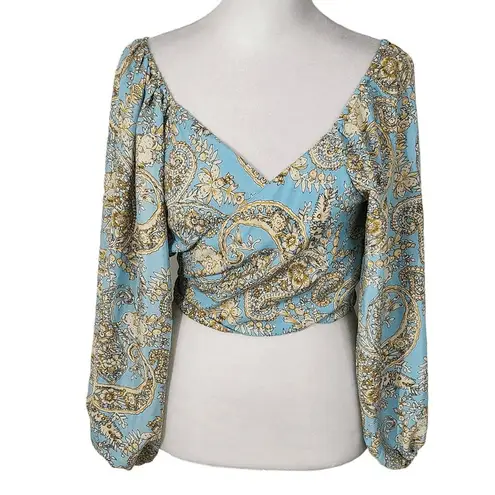 Karma Highway Blue Cream Crop Top with Full Sleeves and Tie Waist One Size Size undefined