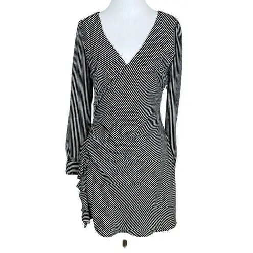 BB Dakota ‎ Dress Womens 4 Black White Striped Faux Wrap Mini Long Sleeve Ruffle