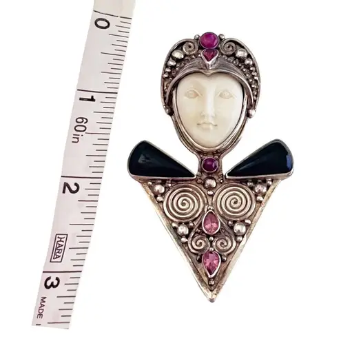 Onyx 925 Silver Sajen Goddess Face BROOCH PIN PENDANT  Ruby Rhodolite Garnet Gems