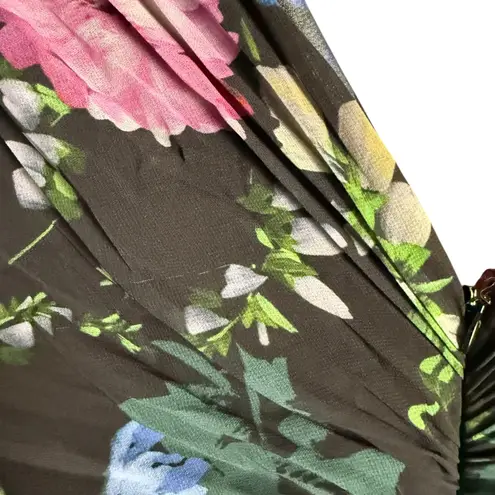 Badgley Mischka Black Floral Print Long Sleeve V-Neck Pleated Chiffon Gown 12