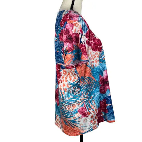 Allison Daley Large Top Floral Stretch Embellished Short Sleeve Round Neck Multi