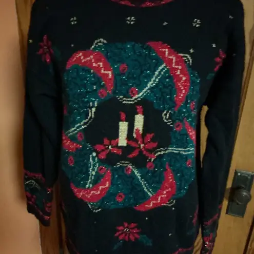 Vtg 90s oversized Christmas Wreath Glittery Sweater Black Size M