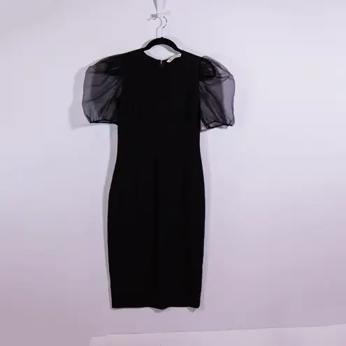 Zara Crepe Semi Sheer Chiffon Puff Short Sleeve Sheath Midi Dress Black Small