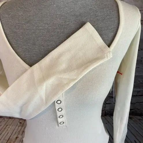 Open Edit  Knit Womens Ivory Long Sleeve Scoop Neck Henley Bodysuit Medium NWT