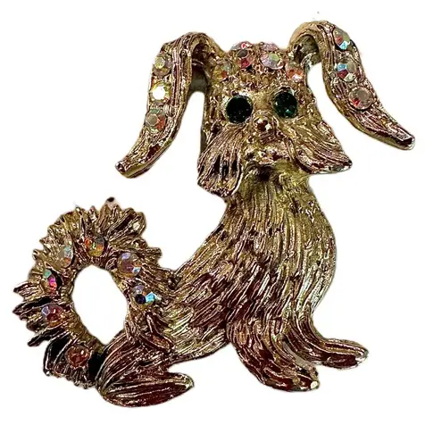 Vintage Multicolored Rhinestones Gold Tone Puppy Dog Lapel Pin Brooch