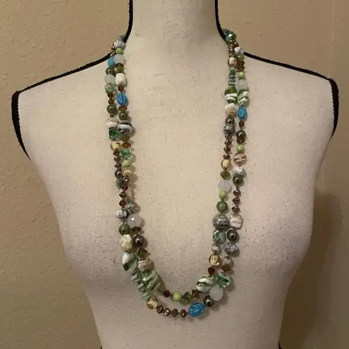 Cookie Lee Signed Multicolor Glass Long Bead Beaded Necklace Green Blue 67 Inch