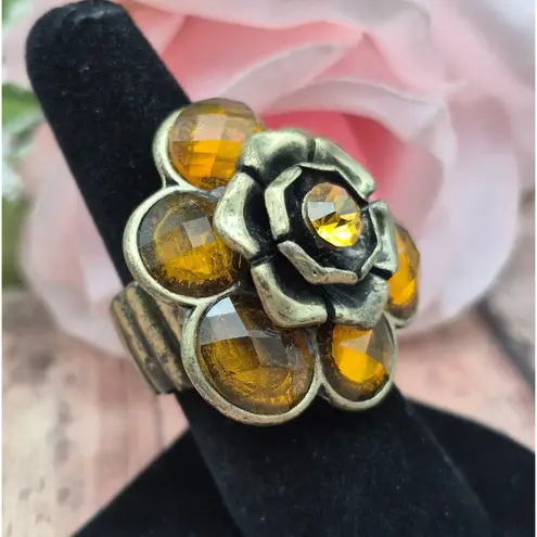 None Dark Gold Tone & Amber Color Statement Flower Ring Stretch One Size Boho Hippie