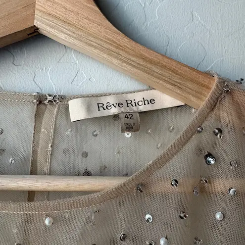 RÊVE RICHE Jasmina Feather Embellished Dusty Rose Sheer Long Sleeve Top Size 42 Pink