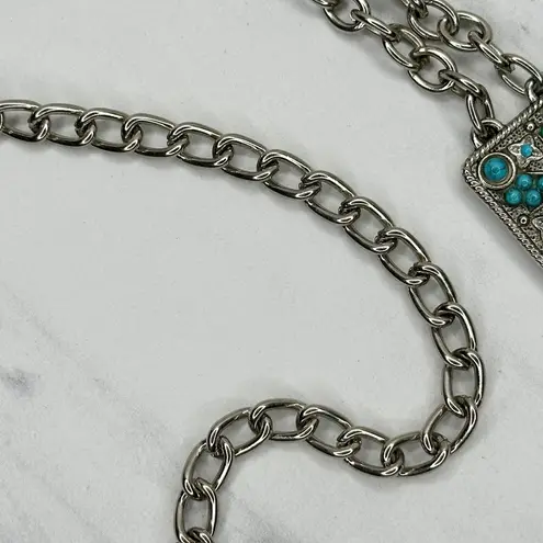 Faux Turquoise Studded Square Silver Chain Link Belt One Size (OS) ✨