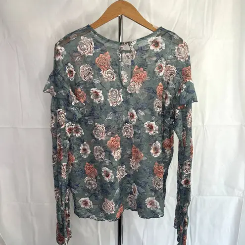 Melrose and Market Sheer Floral Lace Ruffle Long Sleeve Blouse Size MD