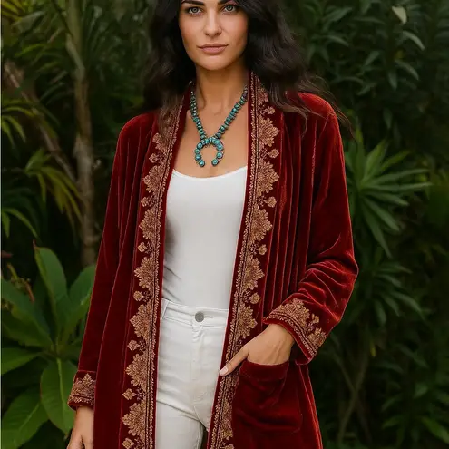 Johnny Was velvet Dakota heavily embroidered duster jacket with tie NWT RARE